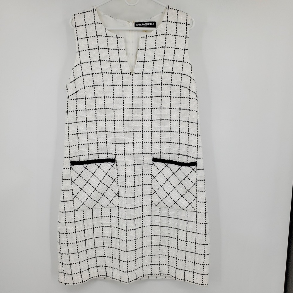 Karl Lagerfeld Paris Womens White Black Windowpane Tweed Shift Dress Size 14